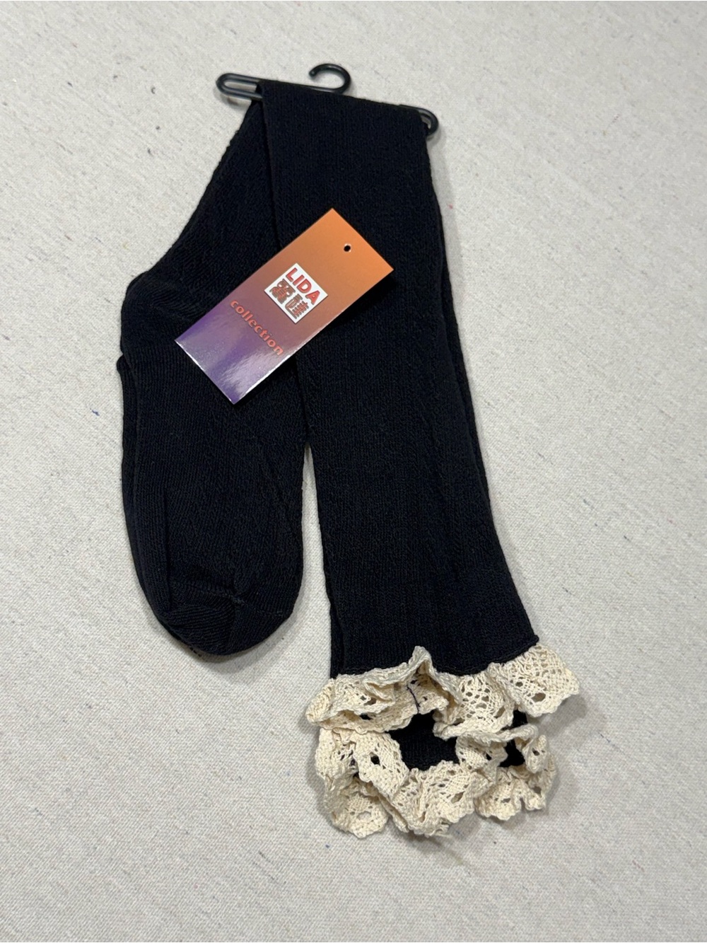 LIDA black knee-high socks cream-colored crochet lace ruffle trim -  OS - NWT